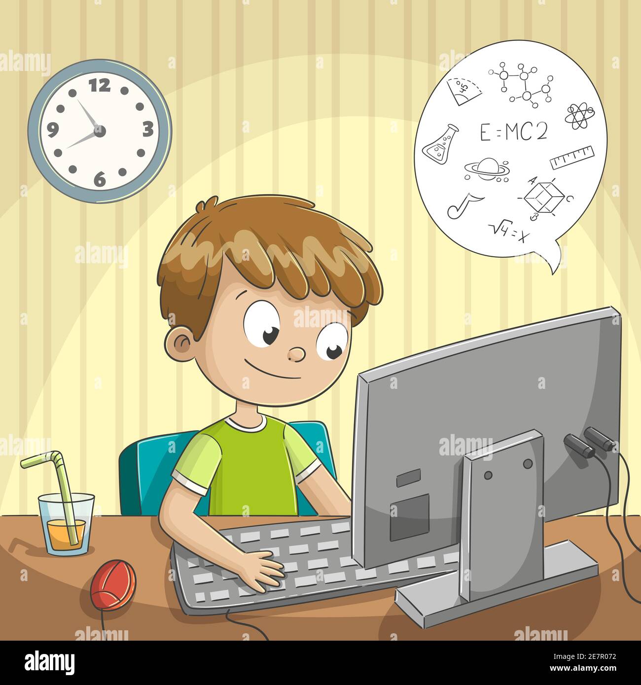 Boy makes homeschooling. Hand drawn vector illustration with separate layers. Stock Vector