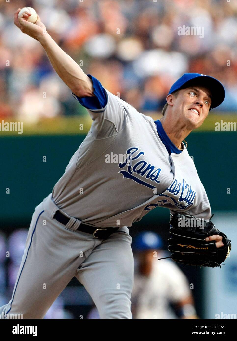 Kansas City Royals starting pitcher Zack Greinke throws to the Detroit Tigers during the first inning of their MLB American League baseball game in Detroit, Michigan in this July 8, 2009 file photo. Greinke received 25 out of 28 votes to become the MLB 2009 American League Cy Young winner.    REUTERS/Rebecca Cook/Files   (UNITED STATES SPORT BASEBALL) Stock Photo