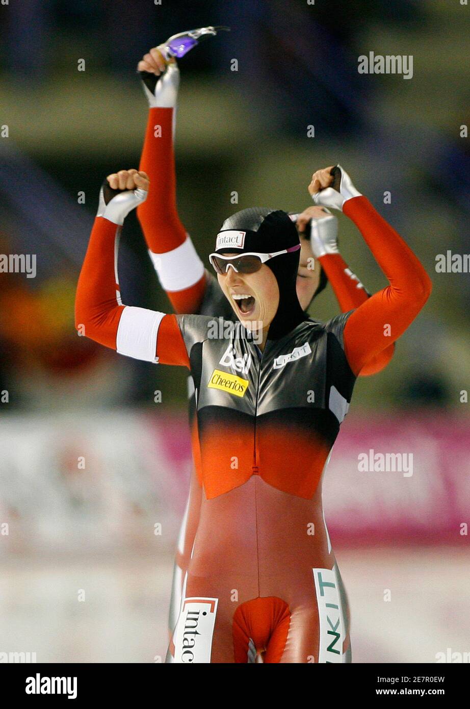 Brittany Schussler of Canada celebrates her new world record in the ladies team pursuit event during the ISU World Cup speed skating race in Calgary, Alberta, December 6, 2009. REUTERS/Todd Korol  (CANADA SPORT SPEED SKATING) Stock Photo