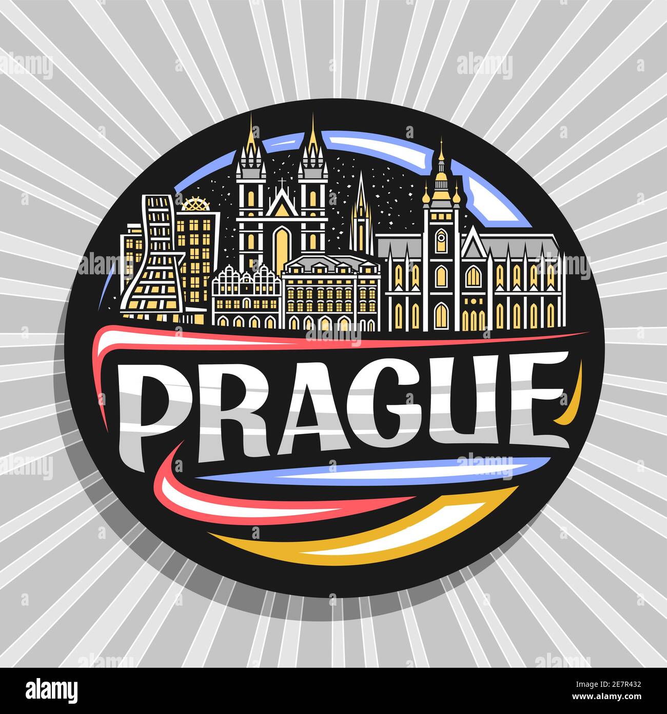 Vector logo for Prague, black decorative badge with outline illustration of historic prague city scape on dusk sky background, art design tourist frid Stock Vector