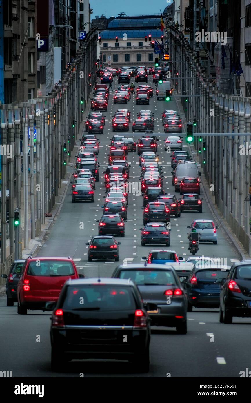 Traffic jam on Rue de la Loi, Brussels, Belgium. Stock Photo