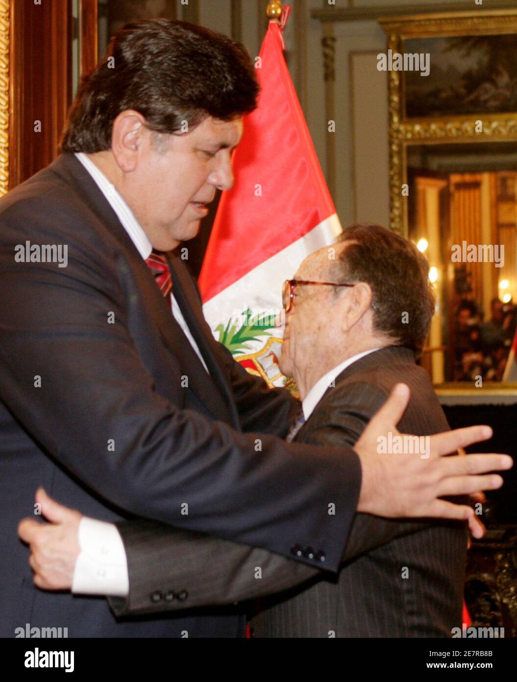 Peru S President Alan Garcia L Embraces Mexican Actor Roberto Gomez Bolanos During A Meeting At The Government Palace In Lima July 16 08 Reuters Mariana Bazo Peru Stock Photo Alamy