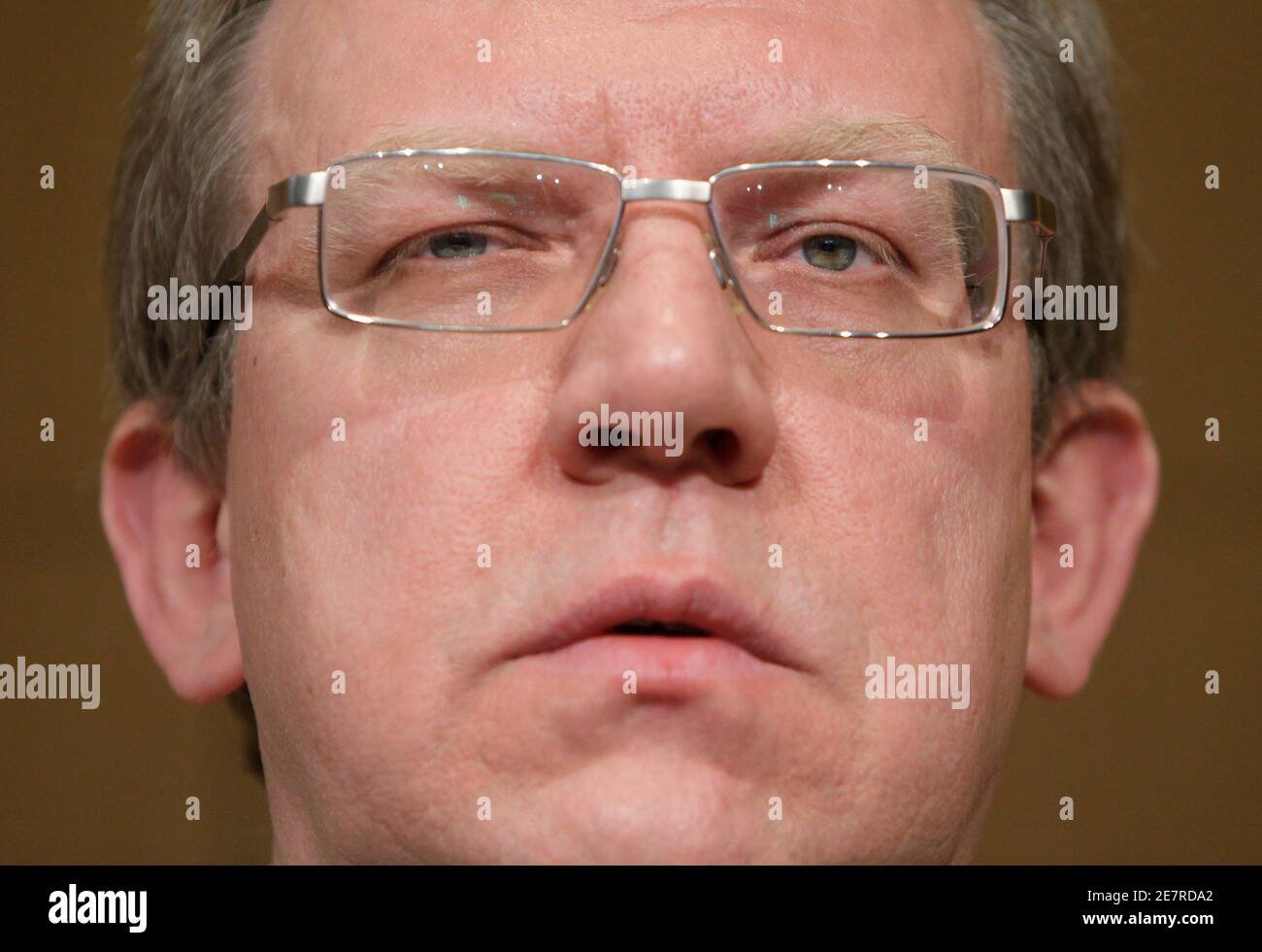Russia's Finance Minister Alexei Kudrin speaks on 'Russian Economic Policy in the Midst of the Global Financial Crisis' before a Peterson Institute luncheon in Washington April 24, 2009. REUTERS/Yuri Gripas (UNITED STATES POLITICS BUSINESS HEADSHOT) Stock Photo