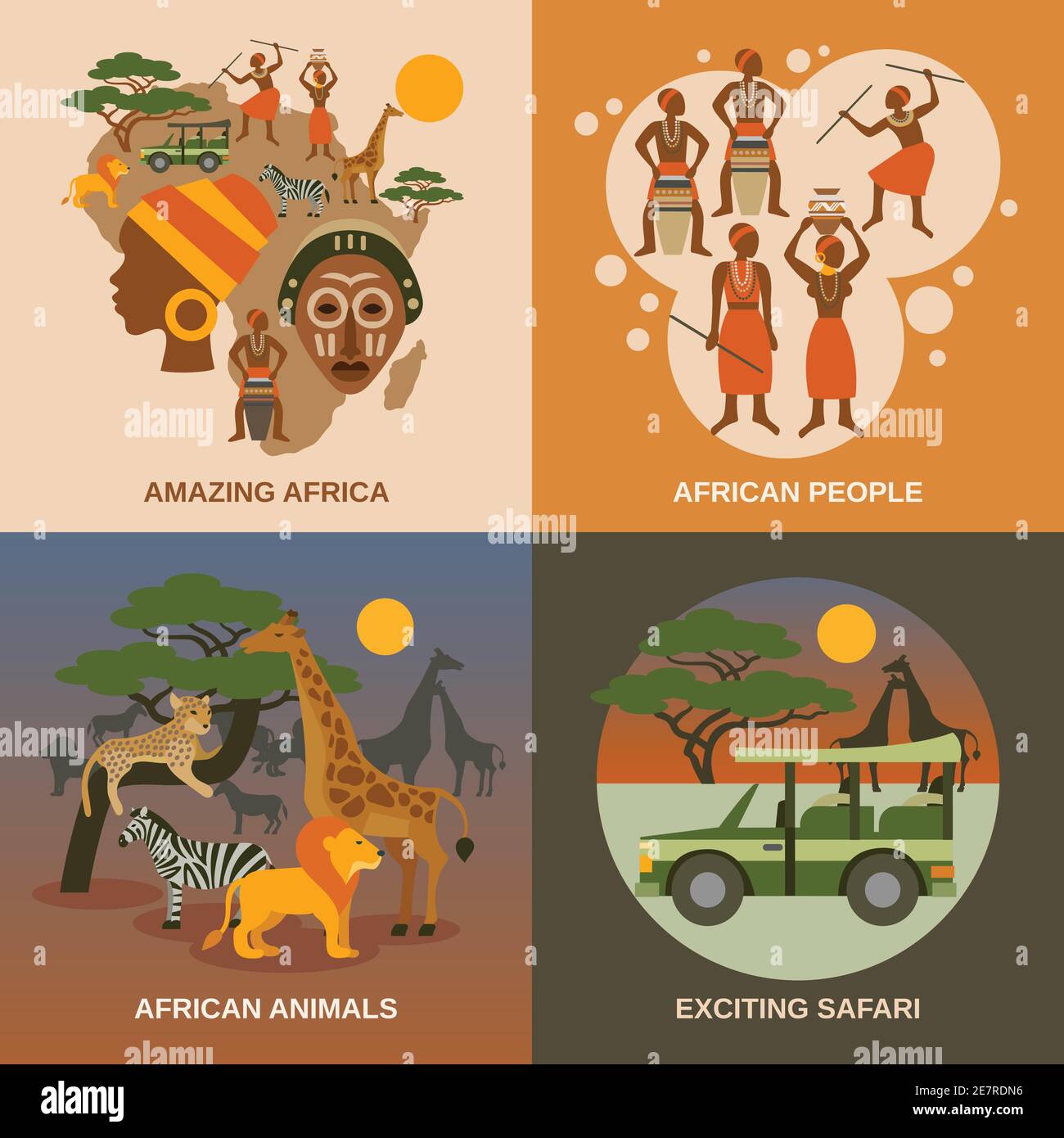 Africa concept icons set with african people animals and safari symbols flat isolated vector illustration Stock Vector
