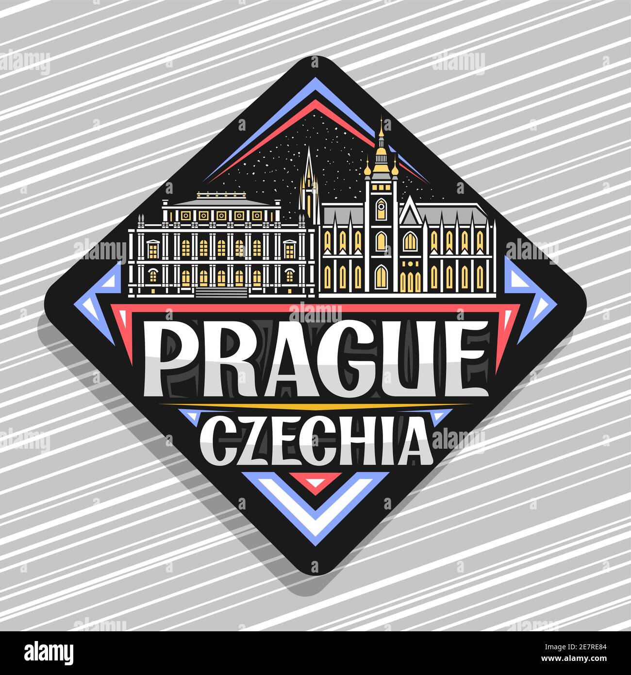 Vector logo for Prague, black rhombus road sign with outline illustration of medieval prague city scape on dusk sky background, decorative fridge magn Stock Vector