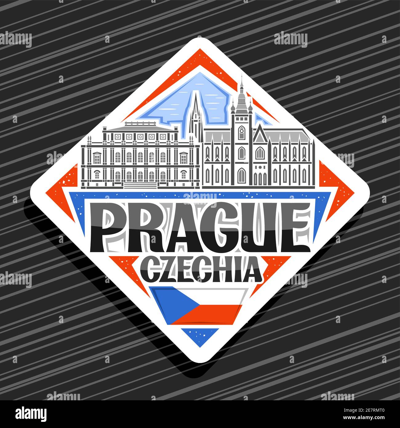 Vector logo for Prague, white rhombus road sign with outline illustration of prague city scape on day sky background, decorative fridge magnet with un Stock Vector