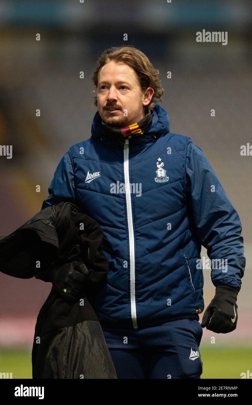 Bradford, UK. 30th Jan, 2021. BRADFORD, ENGLAND. JAN 30TH Conor Sellars, Bradford City co-manager, after the Sky Bet League 2 match between Bradford City and Barrow at the Utilita Energy Stadium, Bradford on Saturday 30th January 2021. (Credit: Pat Scaasi | MI News) Credit: MI News & Sport /Alamy Live News Stock Photo