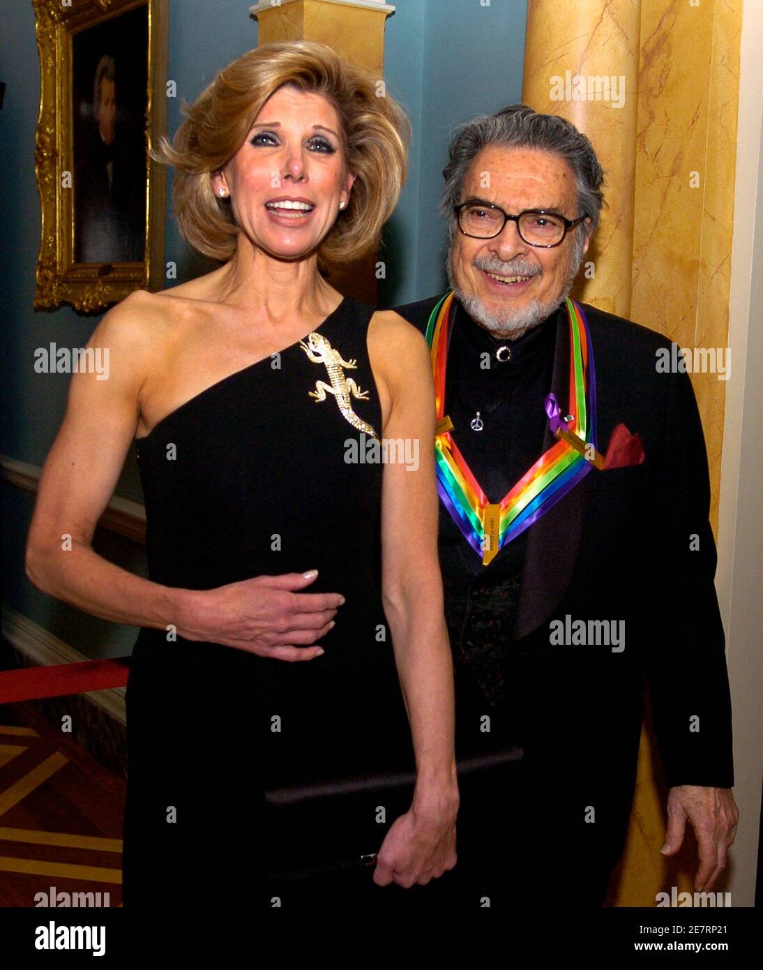 Theatre and TV actress Christine Baranski (L) poses with 2007 Kennedy Center Honoree pianist Leon Fleisherat the conclusion of a gala dinner at the State Department in Washington December 1, 2007. The annual awards honor lifetime achievement in the performing arts.     REUTERS/Mike Theiler (United States) Stock Photo