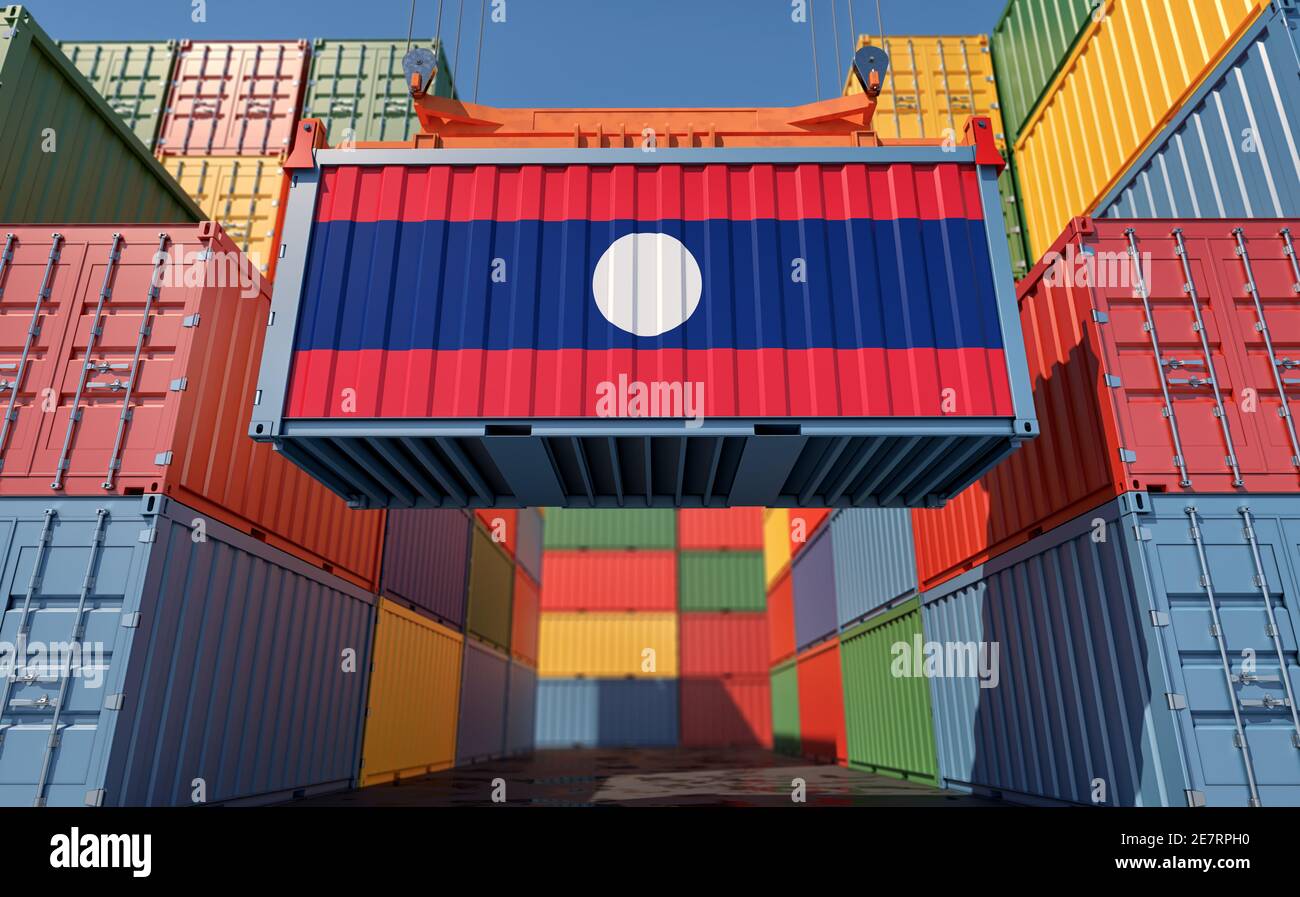 Container Terminal - Freight container with Laos flag. 3D Rendering ...