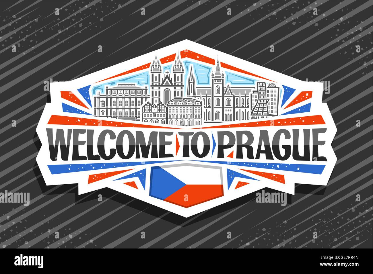 Vector logo for Prague, white decorative sticker with illustration of prague city scape on day sky background, art design tourist fridge magnet with u Stock Vector