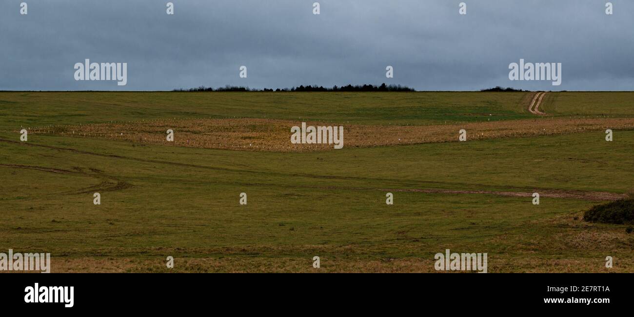 scenic landscape with ancient burial area in middle of a large meadow cloudy sky Stock Photo