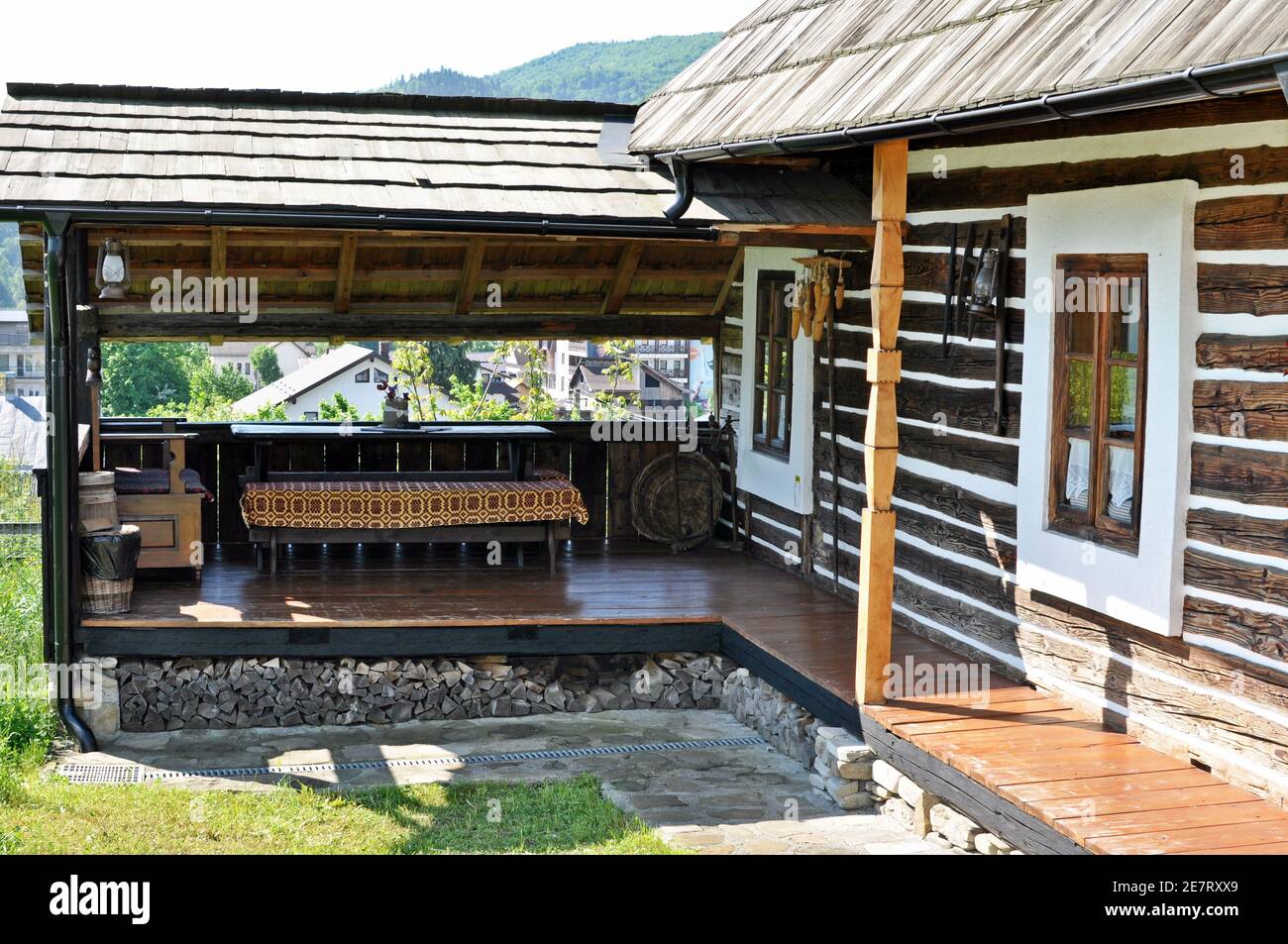 Typical veranda of an wooden house from Bucovina. Stock Photo