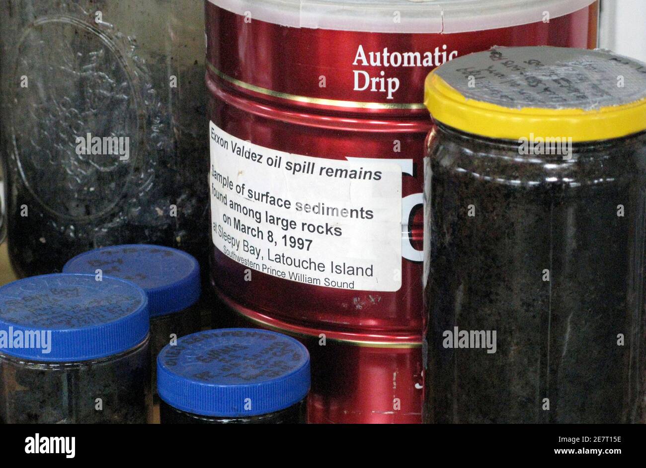 Oil samples recovered from the Exxon Valdez spill are shown in containers at the Prince William Sound Science Center in Cordova, Alaska May 5, 2010. A close examination of studies of the Exxon Valdez disaster and interviews with many people who took part in the cleanup offers a possible peek into what lies ahead for the Gulf Coast in the coming weeks, months, years -- and perhaps decades. Picture taken May 5, 2010. To match Special Report OIL-RIG/LEAK-VALDEZ  REUTERS/Lindsay Claiborn    (UNITED STATES - Tags: DISASTER ENVIRONMENT) Stock Photo