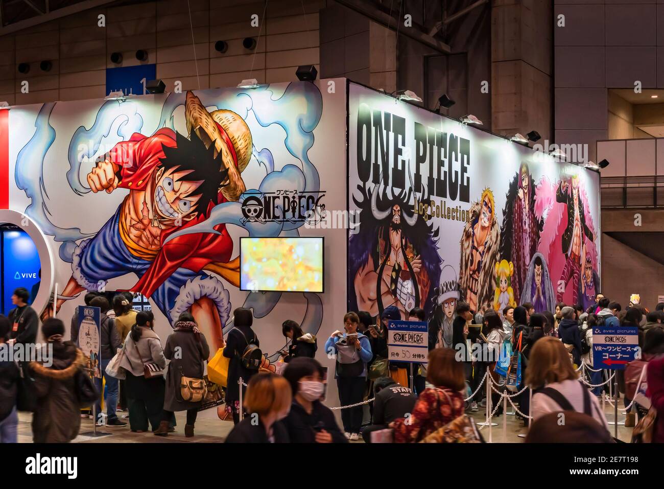 chiba, japan - december 22 2018: Crowd of people queuing along the  area dedicating to the manga One Piece decorated with the character of Monkey D. L Stock Photo