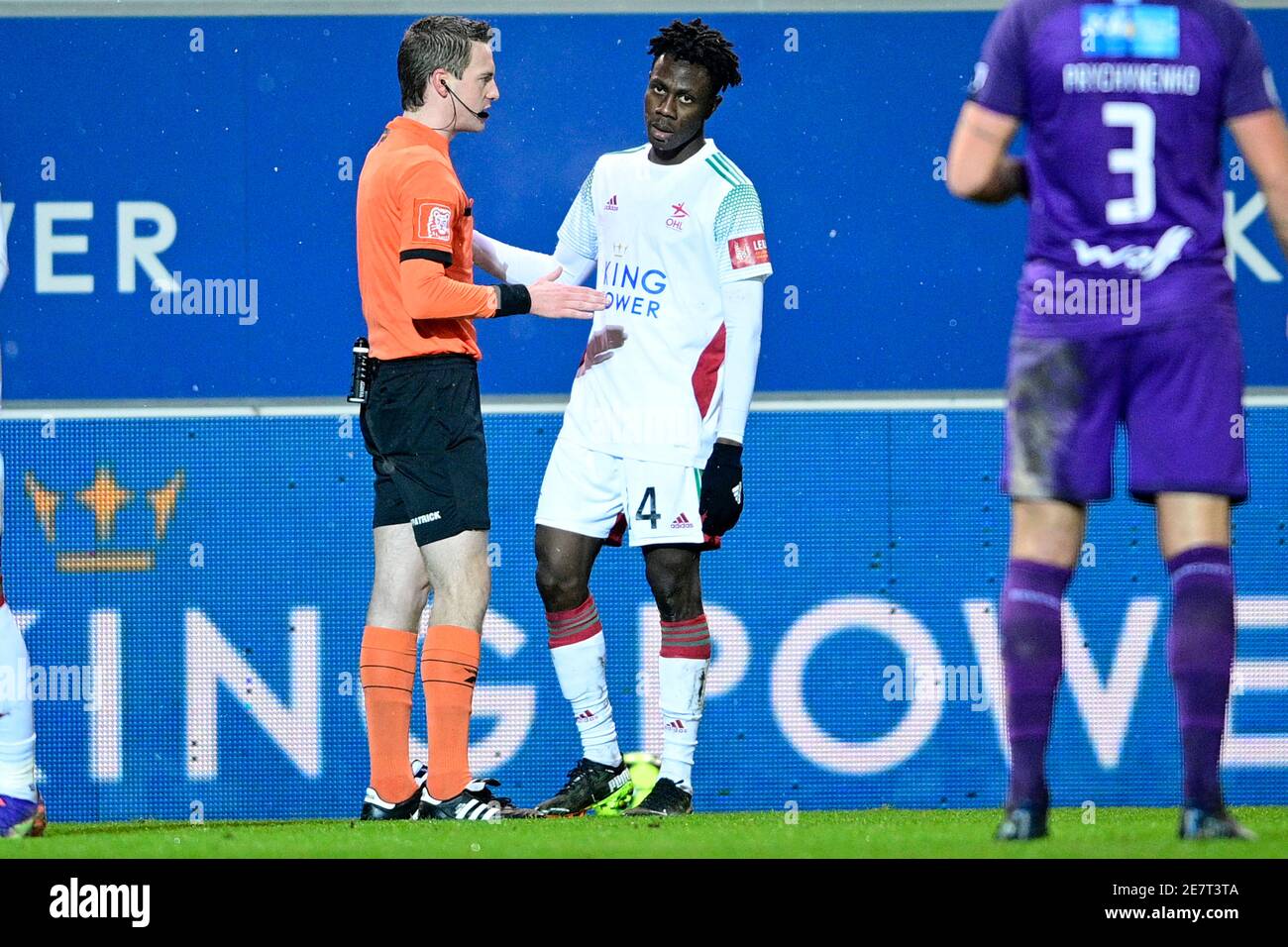 referee Bert Put and OHL's Kamal Sowah pictured during a soccer match between OH Leuven and Beerschot VA, Saturday 30 January 2021 in Oud-Heverlee, on Stock Photo