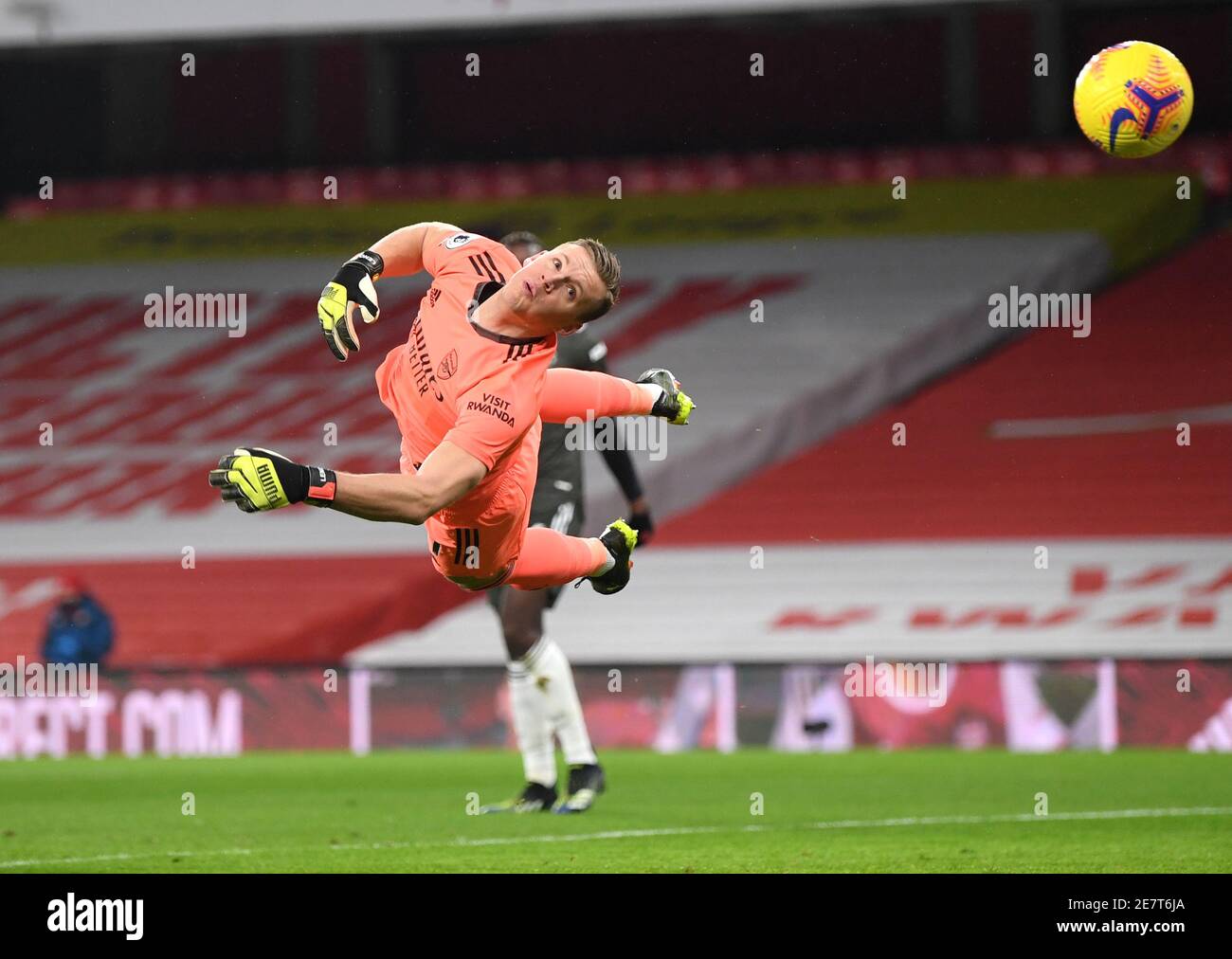 Arsenal goalkeeper Bernd Leno blocks a shot during the Premier League match  at the Emirates Stadium, London. Picture date: Saturday January 30, 2021  Stock Photo - Alamy