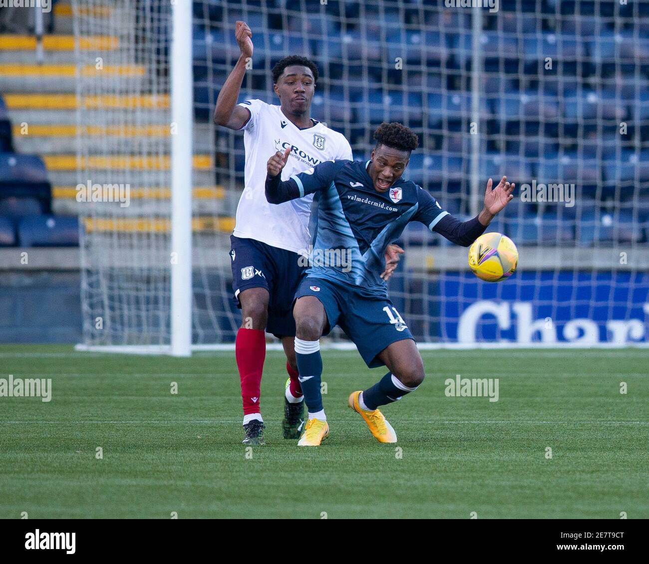 Starks Park, Kirkcaldy, Fife, UK. 30th Jan, 2021. Scottish Championship Football, Raith Rovers versus Dundee FC; Timmy Abrahams of Raith Rovers is tackled by Malachi Fagan-Walcott of Dundee Credit: Action Plus Sports/Alamy Live News Stock Photo