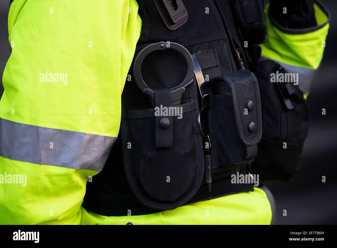 A close-up of police handcuffs. Stock Photo