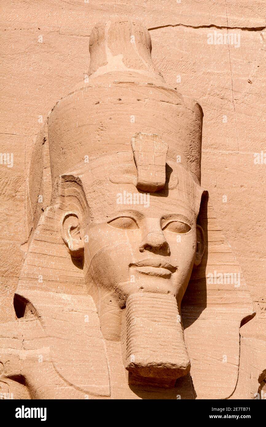 Portrait of Ramesses II statue at Abu Simbel temple, Egypt Stock Photo