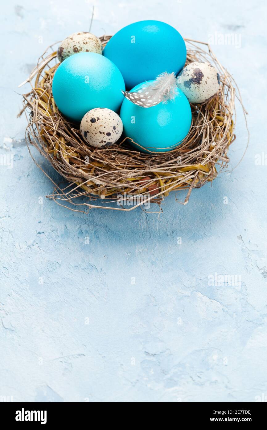Colorful easter eggs in nest on stone background. With space for your ...