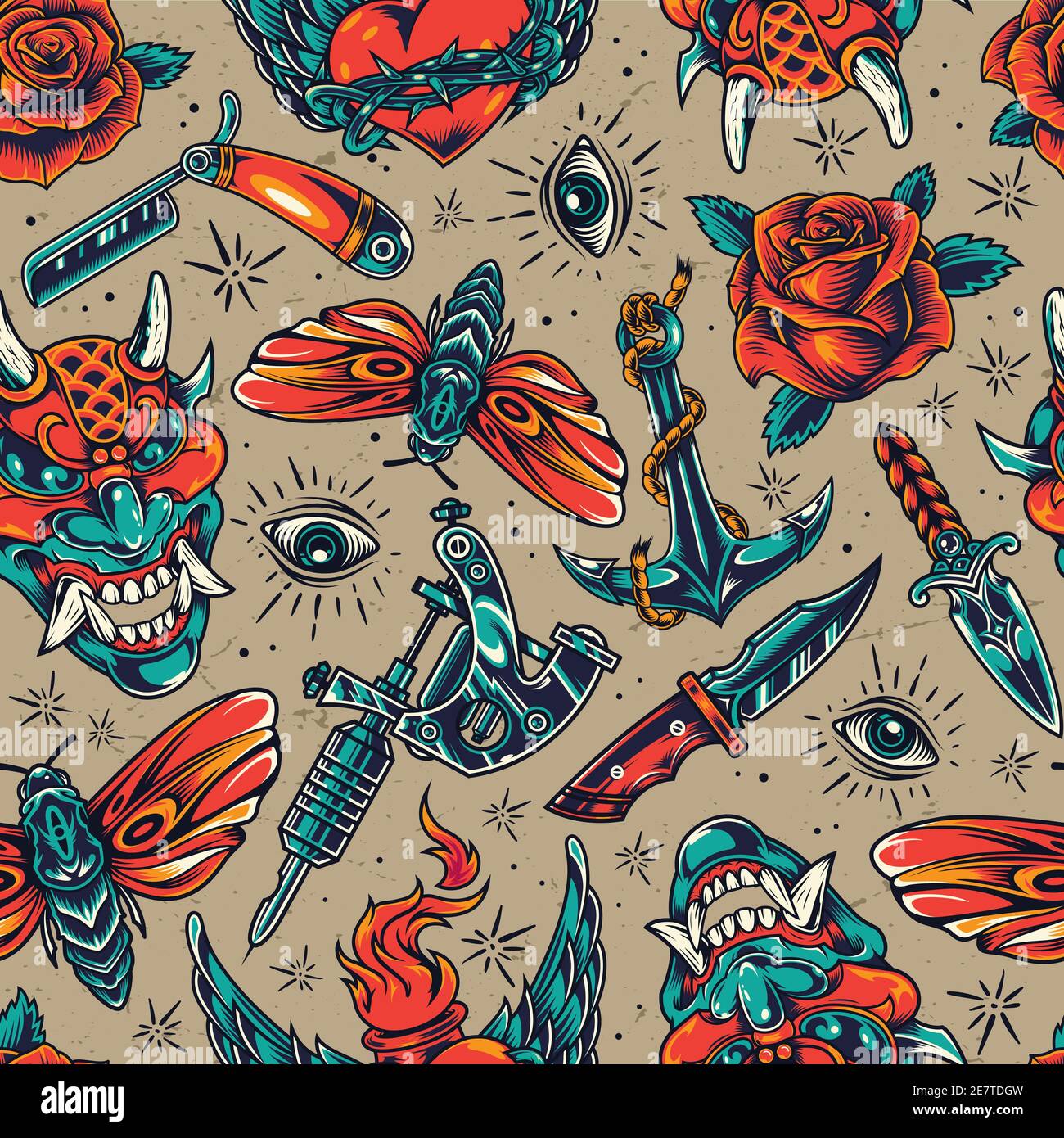 Vintage Colorful Tattoos Seamless Pattern With Demon Head Knives Straight Razor Butterfly Roses Fiery Winged Heart In Barbed Wire Eye Anchor Tattoo Ma Stock Vector Image Art Alamy