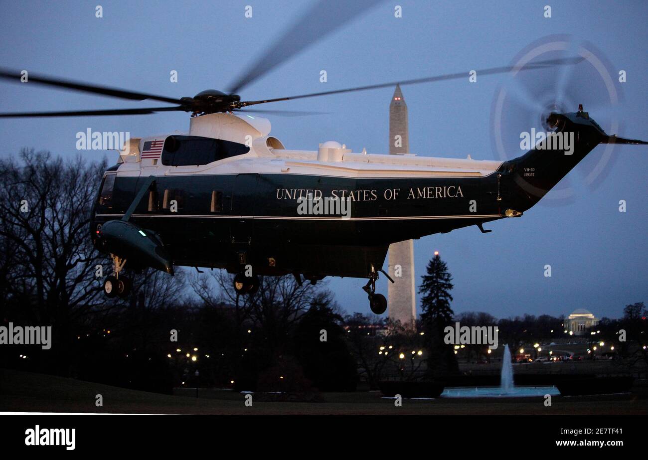 The Marine One helicopter with U.S. President Barack Obama onboard takes off on the South Lawn of the White House in Washington on early morning February 28, 2010. The 48-year-old commander in chief is going to the National Naval Medical Center in Bethesda, Maryland for his first physical exam as president. REUTERS/Yuri Gripas (UNITED STATES - Tags: POLITICS TRANSPORT) Stock Photo