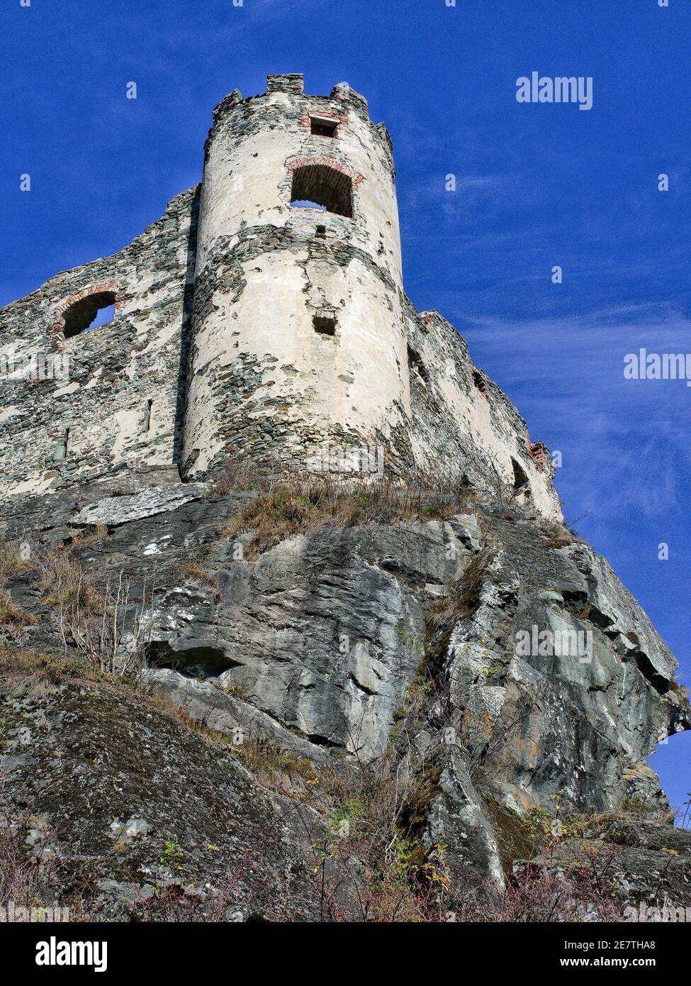 The ruins of Steinschloss Castle on blue sky background. Upper Styria in Austria, October 2017. Stock Photo