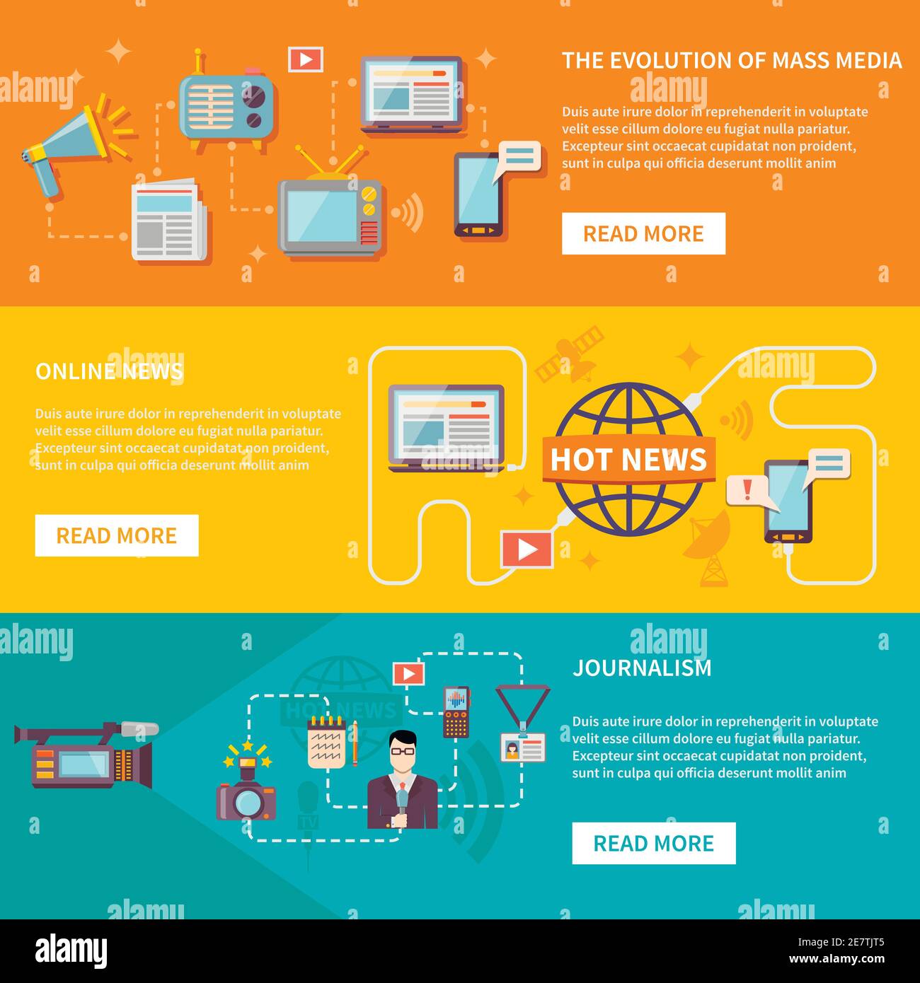 Media horizontal banners set with evolution of mass media and journalism symbols flat isolated