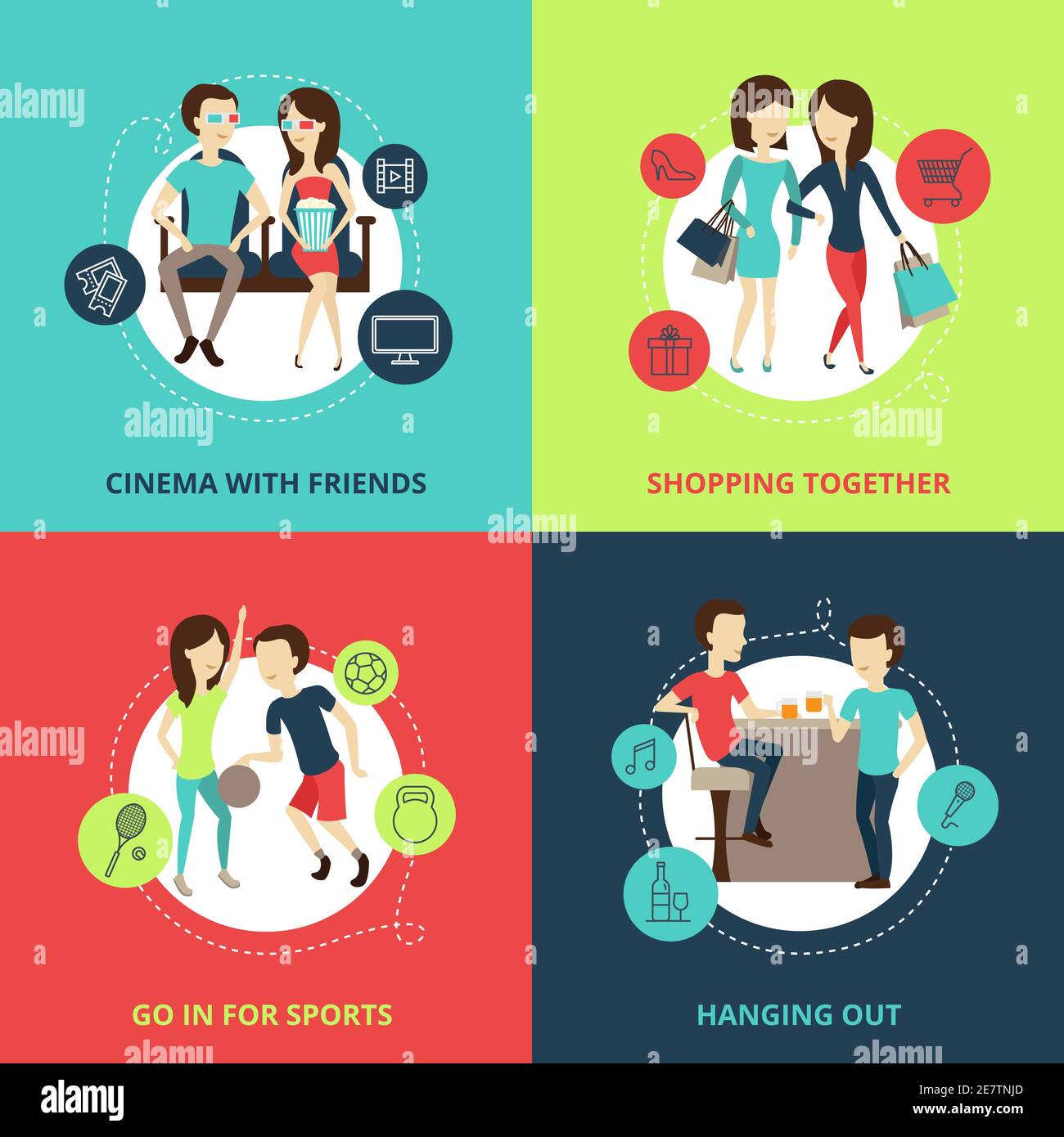 Friends concept icons set with cinema shopping and hanging out symbols flat isolated vector illustration Stock Vector