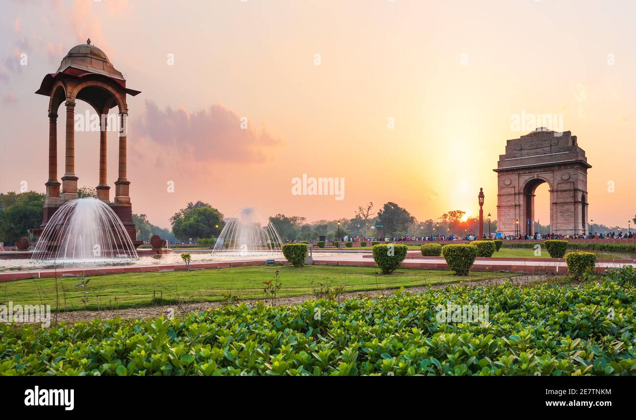 The Canopy and the India Gate at sunset in New Delhi, view from the National War Memorial Stock Photo