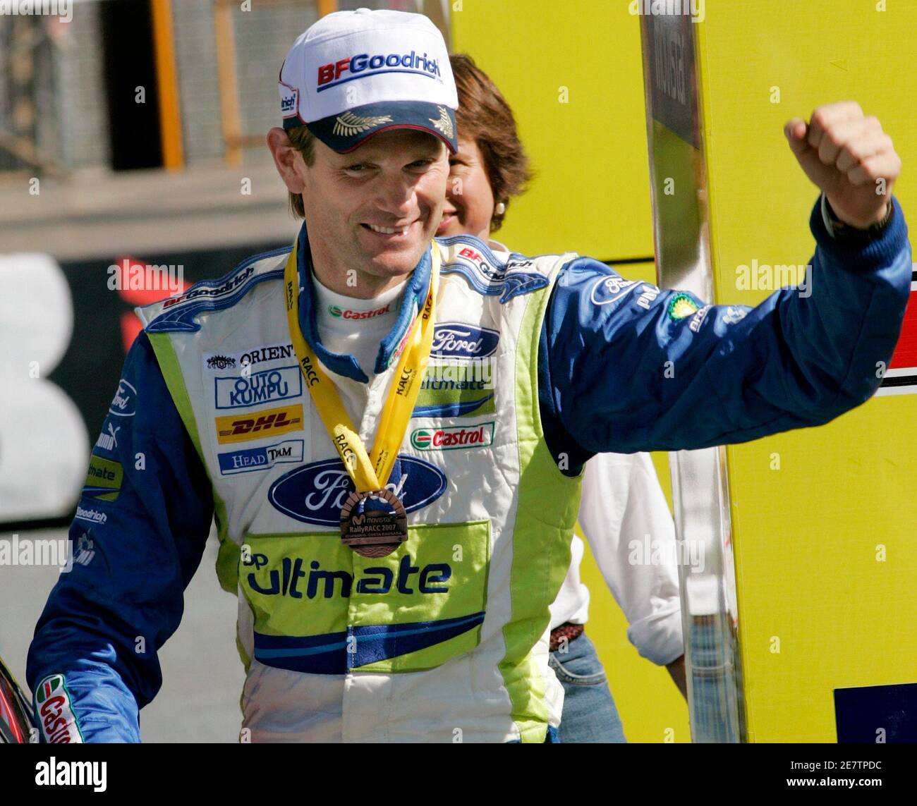 Ford driver Marcus Gronholm of Finland celebrates finishing third on the  podium after the Rally of Catalunya-Costa Daurada, near Tarragona, October  7, 2007. REUTERS/Gustau Nacarino (SPAIN Stock Photo - Alamy