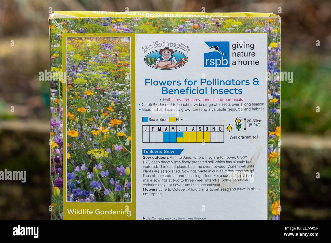 Mr Fothergill's seeds, packet of wildflower seeds, flowers for pollinators and beneficial insects, UK Stock Photo