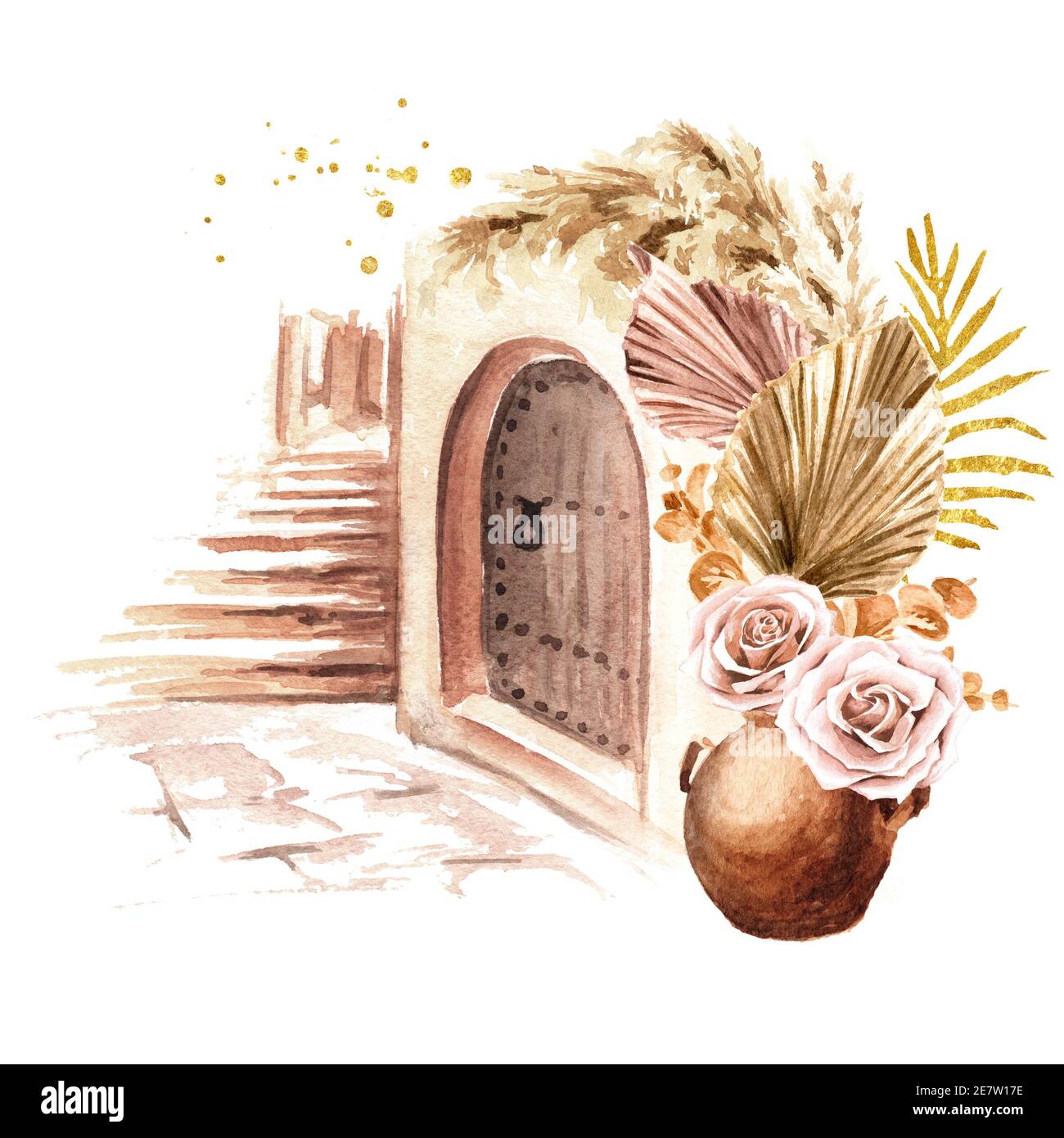 Boho Bouquet of dried rose flowers and palm leaves with element of Mediterranean, North Africa or Morocco architecture, Hand drawn watercolor illustra Stock Photo