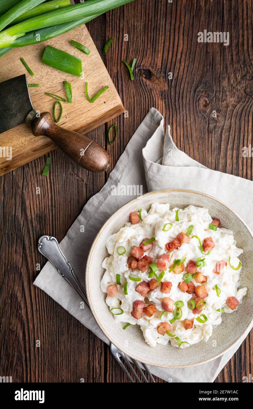 Bryndzove Halusky, national dish in Slovakia, potato dumplings with sheep cheese and sour cream, topped with roasted bacon pieces and spring onion on Stock Photo