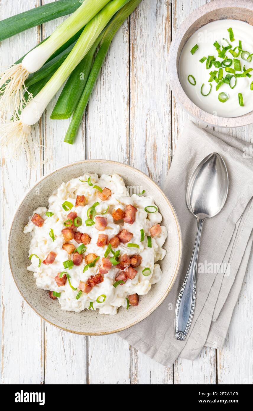 Bryndzove Halusky, national dish in Slovakia, potato dumplings with sheep cheese and sour cream, topped with roasted bacon pieces and spring onion on Stock Photo
