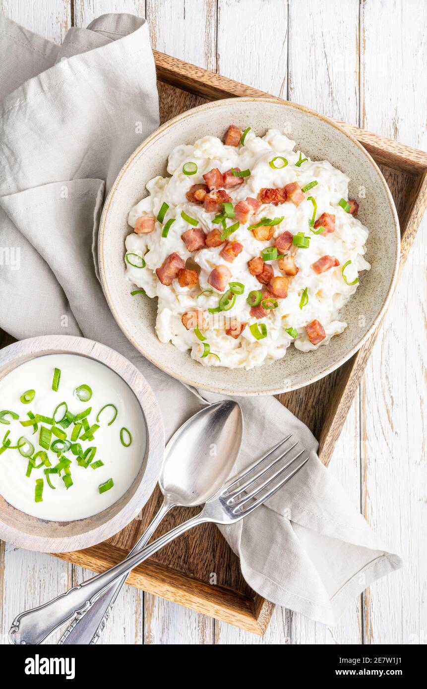 Bryndzove Halusky, national dish in Slovakia, potato dumplings with sheep cheese and sour cream, topped with roasted bacon pieces and spring onion on Stock Photo