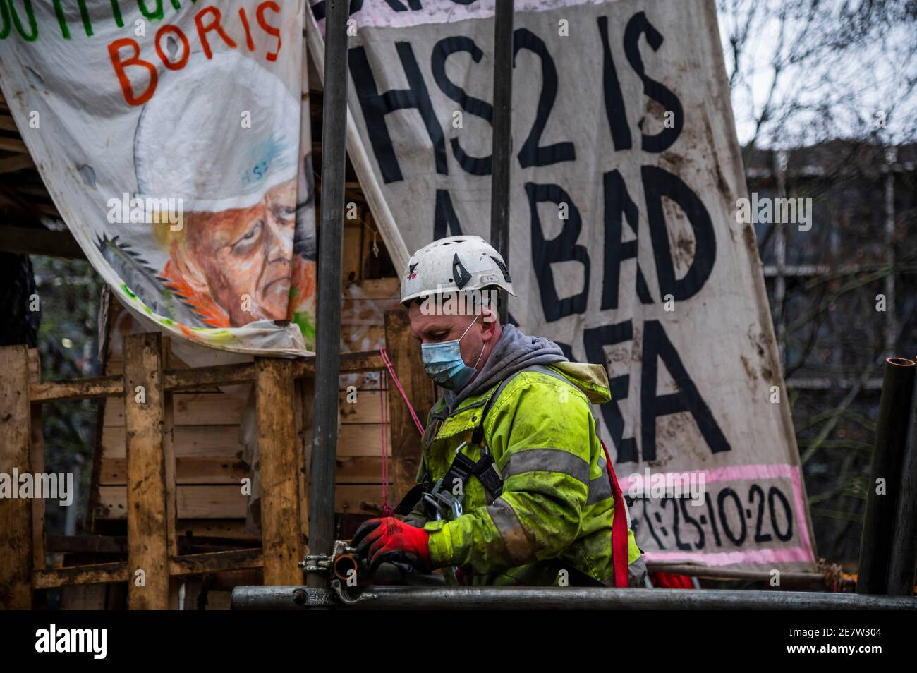 London, UK. 30th Jan, 2021. The anti HS2 Extinction Rebellion camp