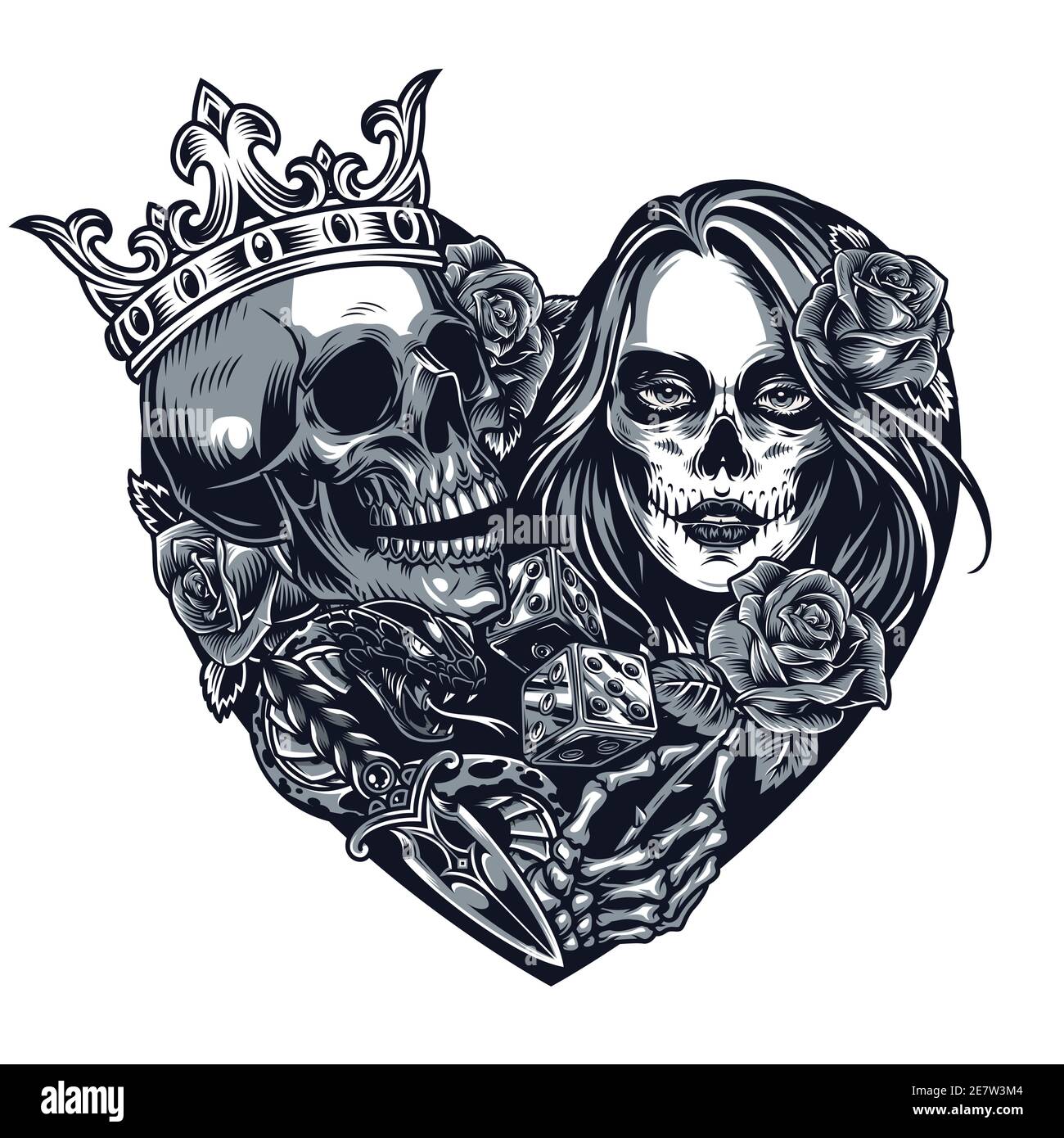 Chicano Style Tattoo Template In Heart Shape With Skull In Crown Dice Dagger Snake Skeleton Hand Holding Rose Girl With Day Of Dead Makeup In Vintage Stock Vector Image Art Chicano Style Tattoo Template In Heart Shape With Skull In Crown Dice Dagger Snake Skeleton Hand Holding Rose Girl With Day Of Dead Makeup In Vintage Stock Vector Image Art
