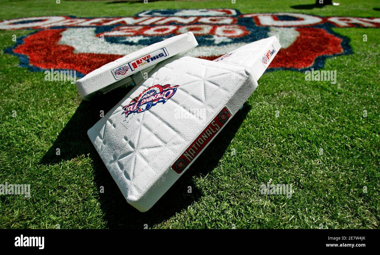 The bases used for the Washington Nationals home Opening Day are seen on the field in Washington, April 11, 2006. The Nationals lost to the New York Mets 7-1.  REUTERS/Gary Cameron Stock Photo