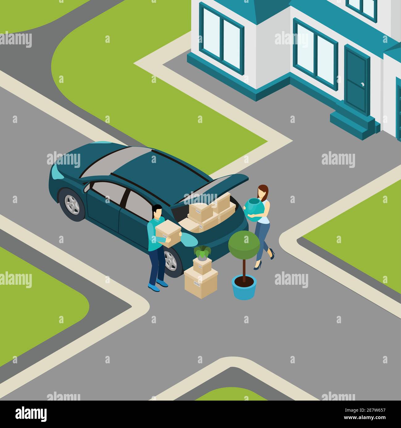 Family moving from house to apartment loading  packed boxes into car trunk isometric banner abstract vector illustration Stock Vector