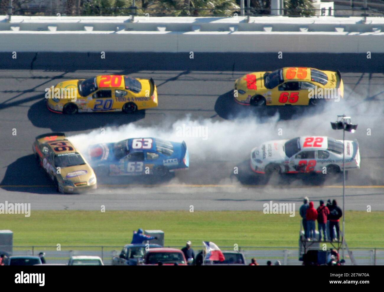GR Smith in the 94 BGR Research Chevrolet spins and is hit by Dawayne Bryan in the 63 Hi-Tech Construction Dodge in between turns three and four during the running of the ARCA 200 at the Daytona International Speedway in Daytona Beach, Florida February 12, 2006. REUTERS/Rick Fowler Stock Photo