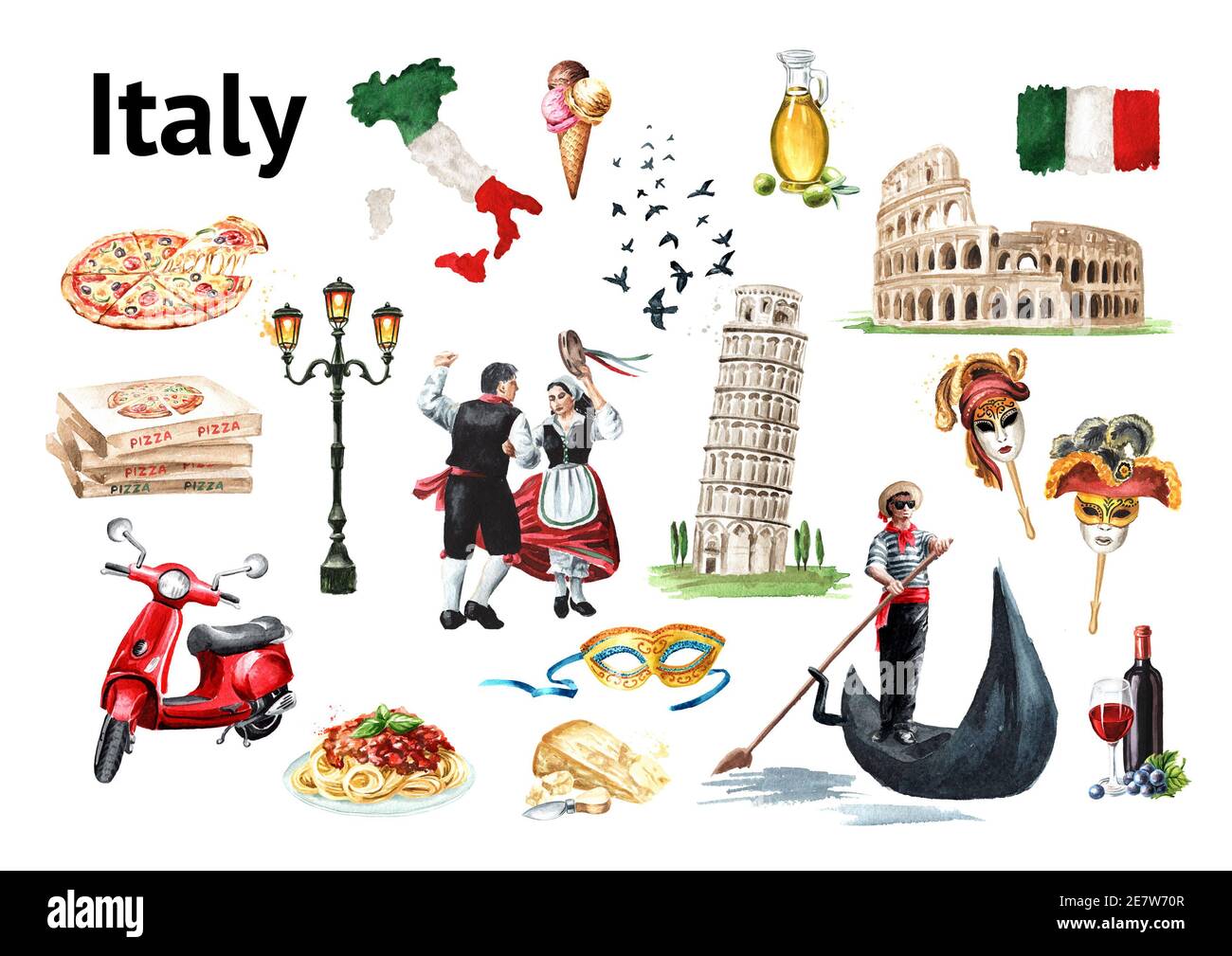 Italy Landmarks and symbols set. Travel concept. Hand drawn watercolor illustration isolated on white background Stock Photo