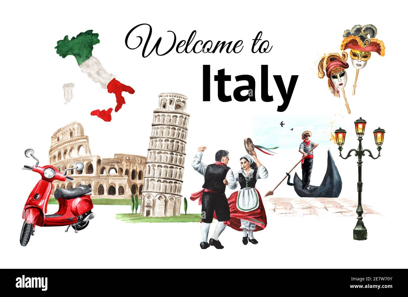 Welcome to Italy card. Italian landmarks and symbols. Hand drawn watercolor illustration isolated on white background Stock Photo