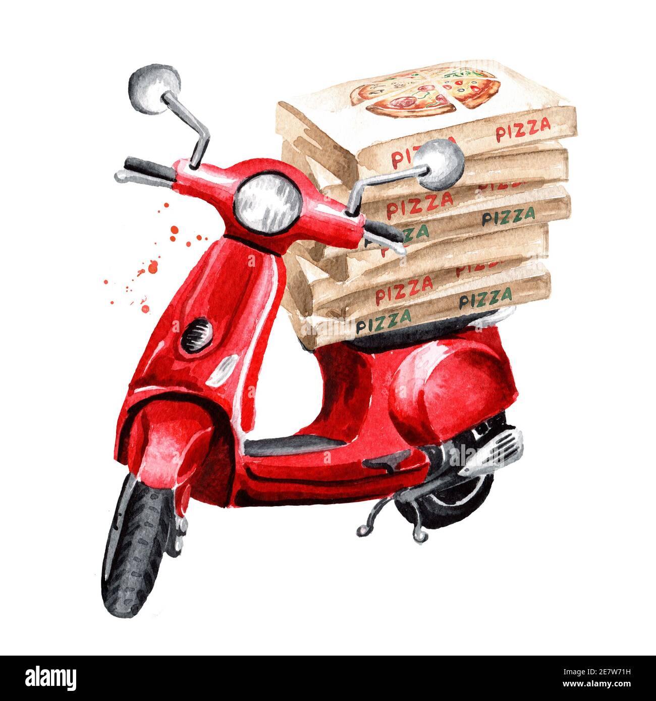 red moped or scooter with pizza boxes. Food delivery concept. Hand drawn watercolor illustration isolated on white background Stock Photo