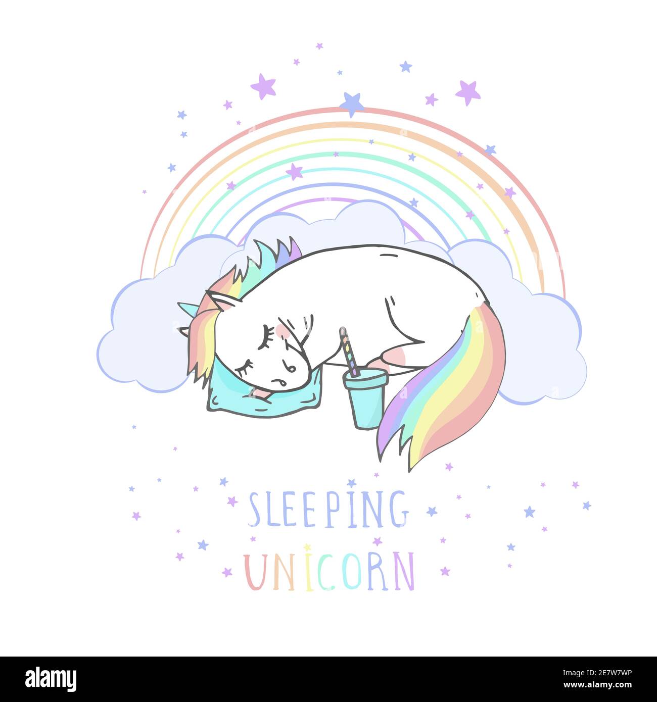 Vector illustration of hand drawn sleeping unicorn with coffee and text ...