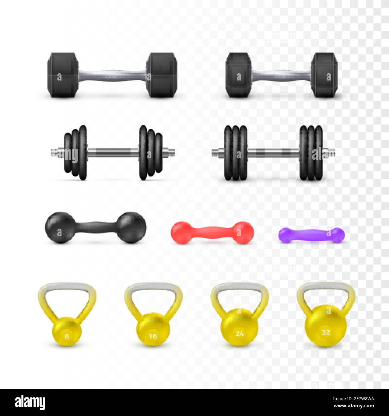 Realistic gym fitness set. Bodybuilding accessories, heavy metal
