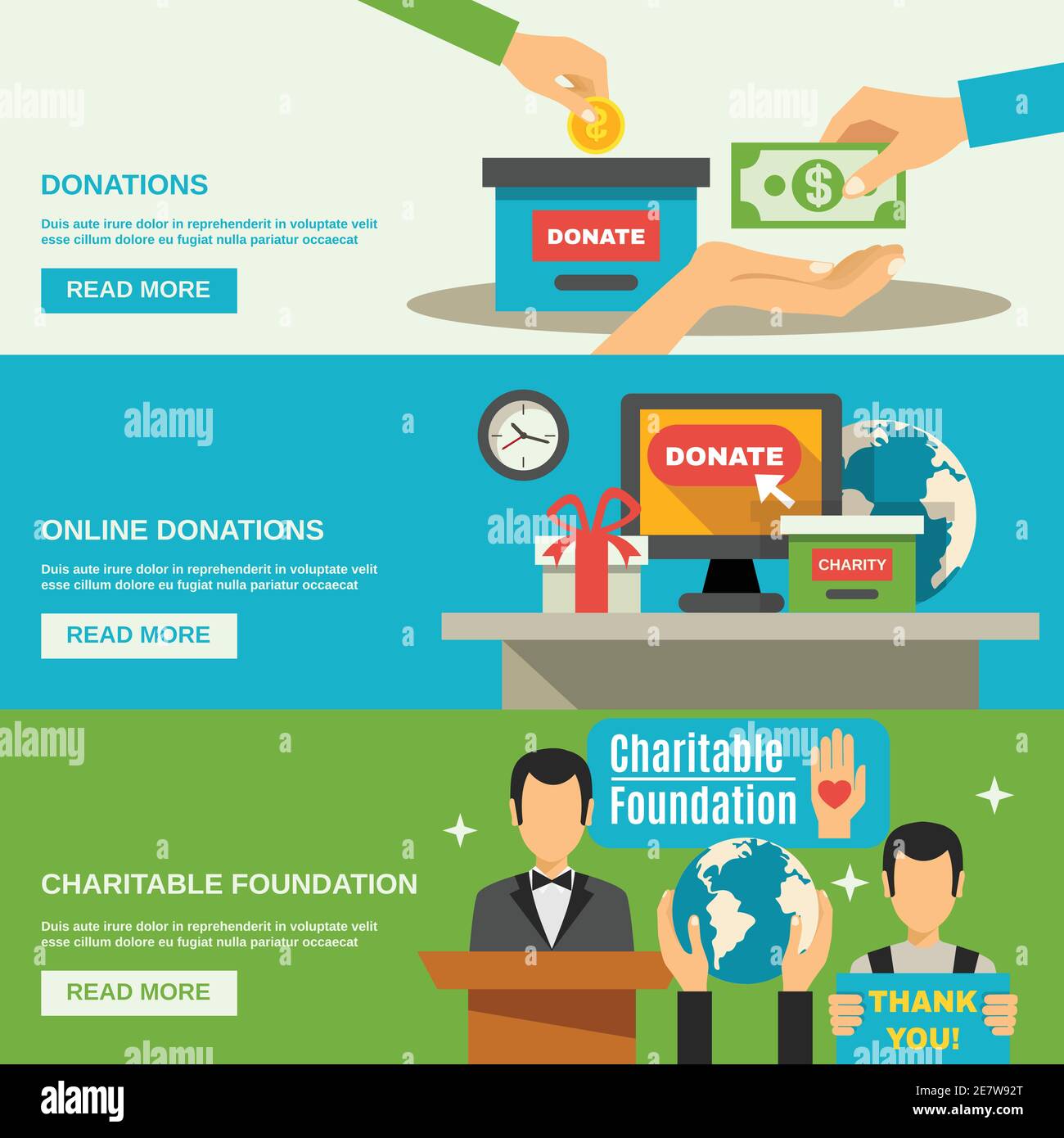 Charity horizontal banners set with charitable foundation symbols flat