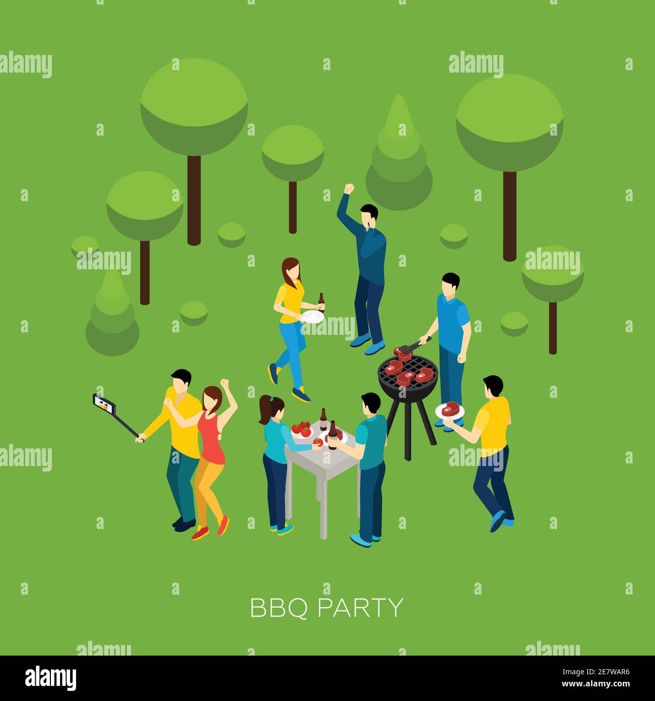 Friends bbq party with isometric people and grill equipment vector ...