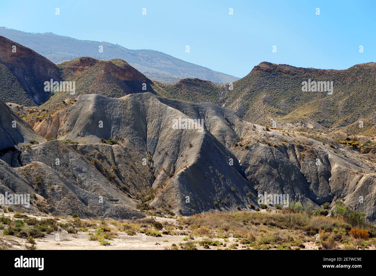 The Tabernas Desert is in the Spanish province of Almería. It is the driest region of Europe and the continent's only true desert climate. Stock Photo