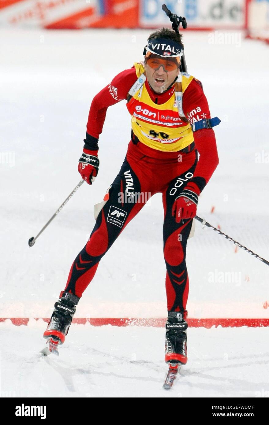 Ole Einar Bjorndalen of Norway crosses the finish line to take second place  in the men's 10 km sprint at the Biathlon World Cup Final in the Siberian  town of Khanty-Mansiysk, 2,000